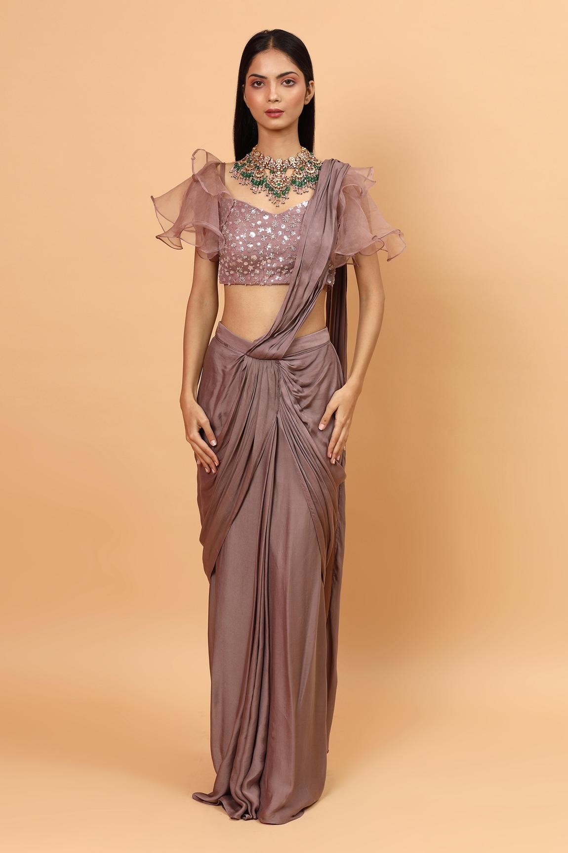 Mauve Net Pre-draped Saree With Embroidered Blouse