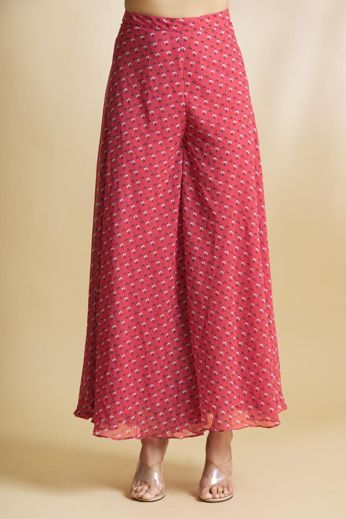 Red Printed Handloom Chanderi Pant Set With Jacket