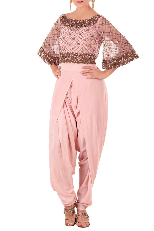 Rose Pink Kurta With Draped Dhoti Pants For Girls