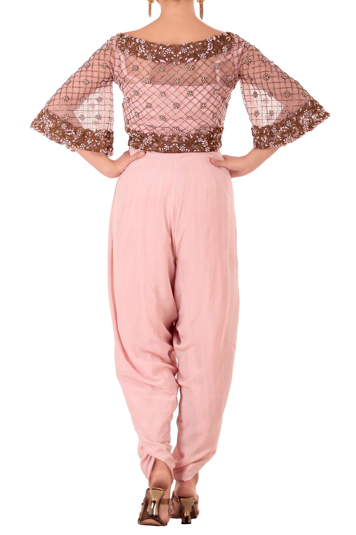 Rose Pink Kurta With Draped Dhoti Pants For Girls