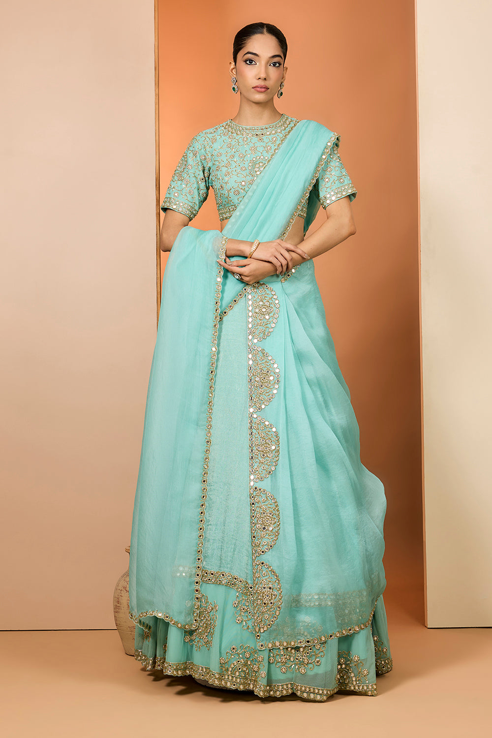 Sky Blue Tissue Silk Hand Embroidered Lehenga Set With Puresatin Silk Silk Blouse And Silk Organza Dupatta