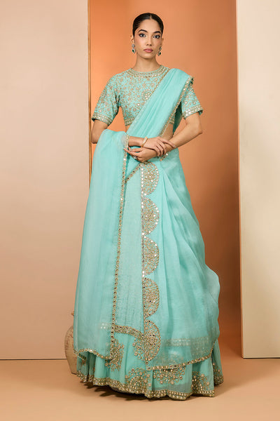 Sky Blue Tissue Silk Hand Embroidered Lehenga Set With Puresatin Silk Silk Blouse And Silk Organza Dupatta