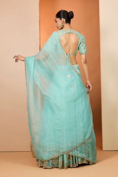 Sky Blue Tissue Silk Hand Embroidered Lehenga Set With Puresatin Silk Silk Blouse And Silk Organza Dupatta