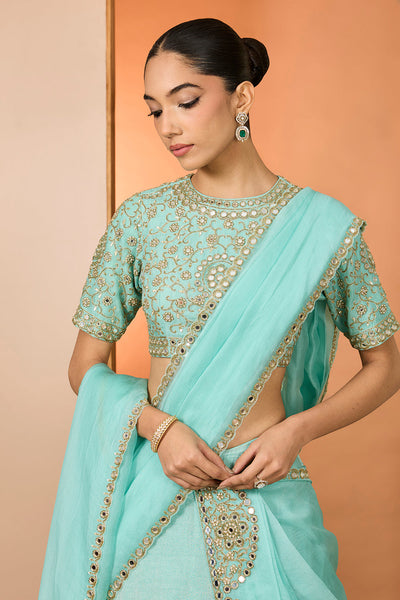 Sky Blue Tissue Silk Hand Embroidered Lehenga Set With Puresatin Silk Silk Blouse And Silk Organza Dupatta