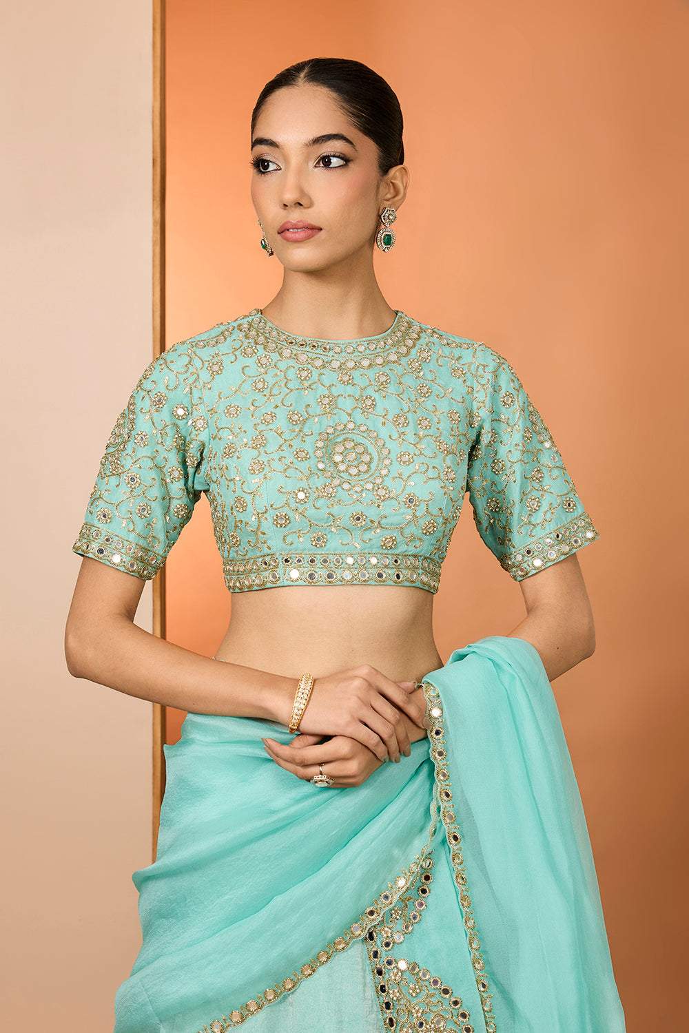 Sky Blue Tissue Silk Hand Embroidered Lehenga Set With Puresatin Silk Silk Blouse And Silk Organza Dupatta