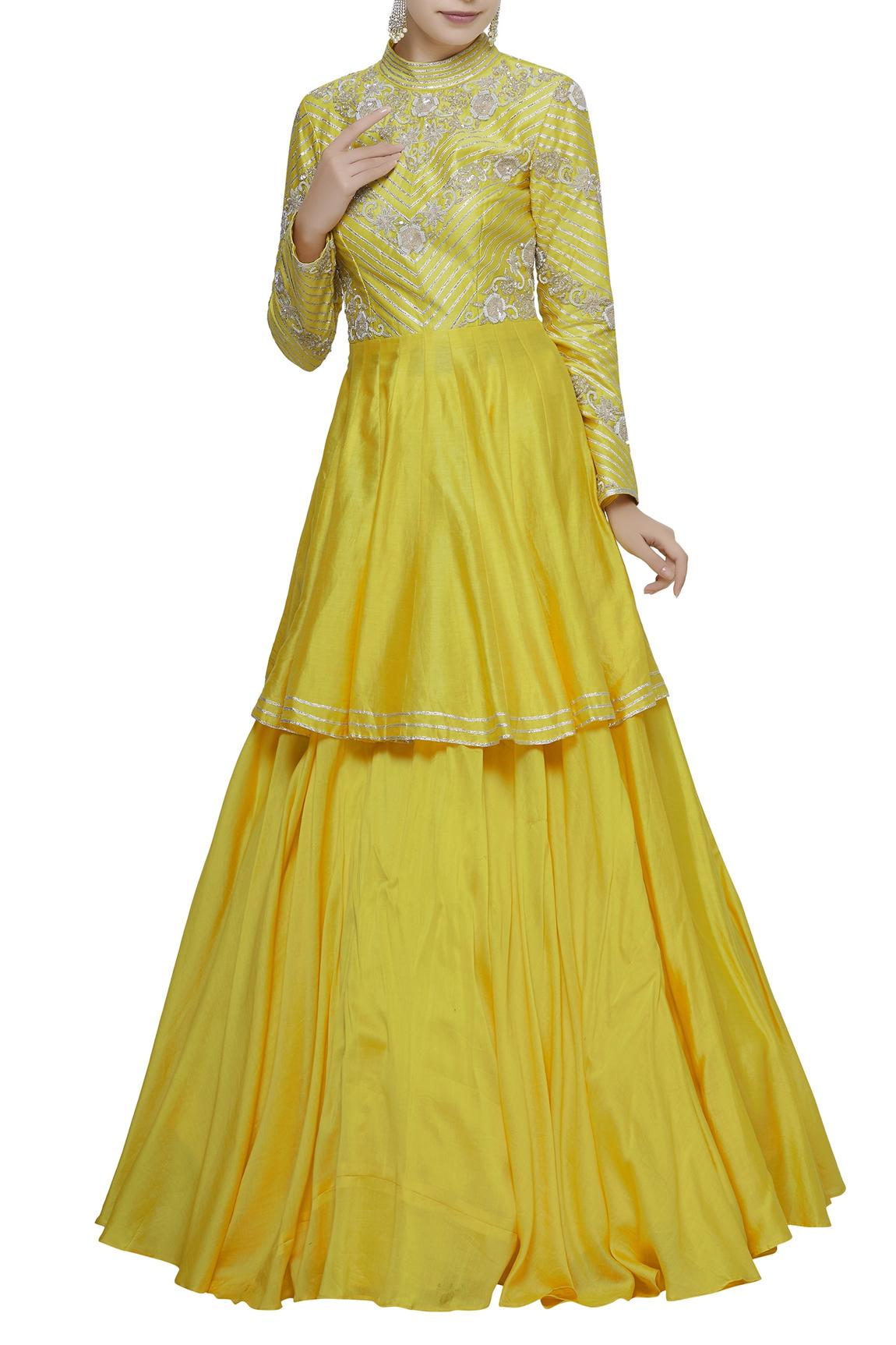 Yellow Chanderi Kurta Lehenga Set