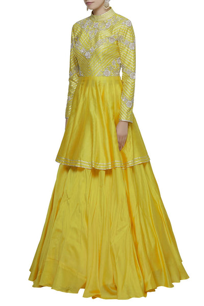 Yellow Chanderi Kurta Lehenga Set