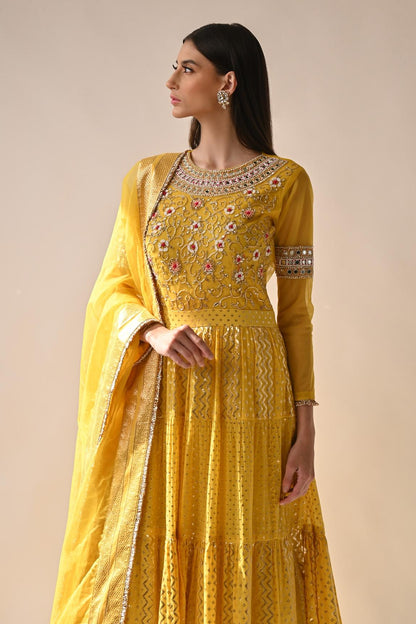 Yellow Chanderi Silk Anarkali With Dupatta
