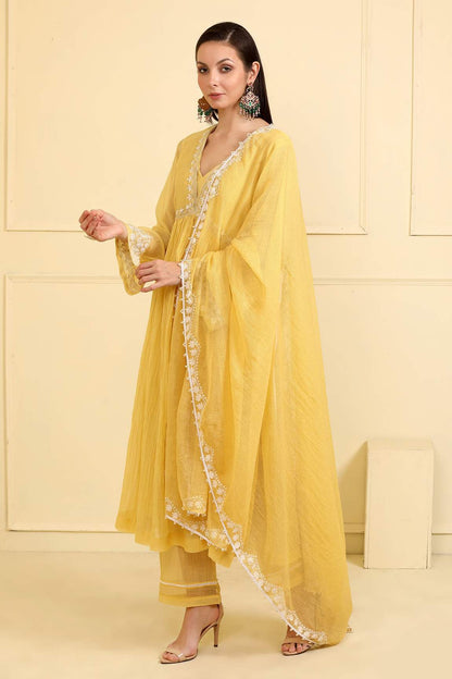 Yellow Chanderi Silk Cuff Embroidered Kurta Set