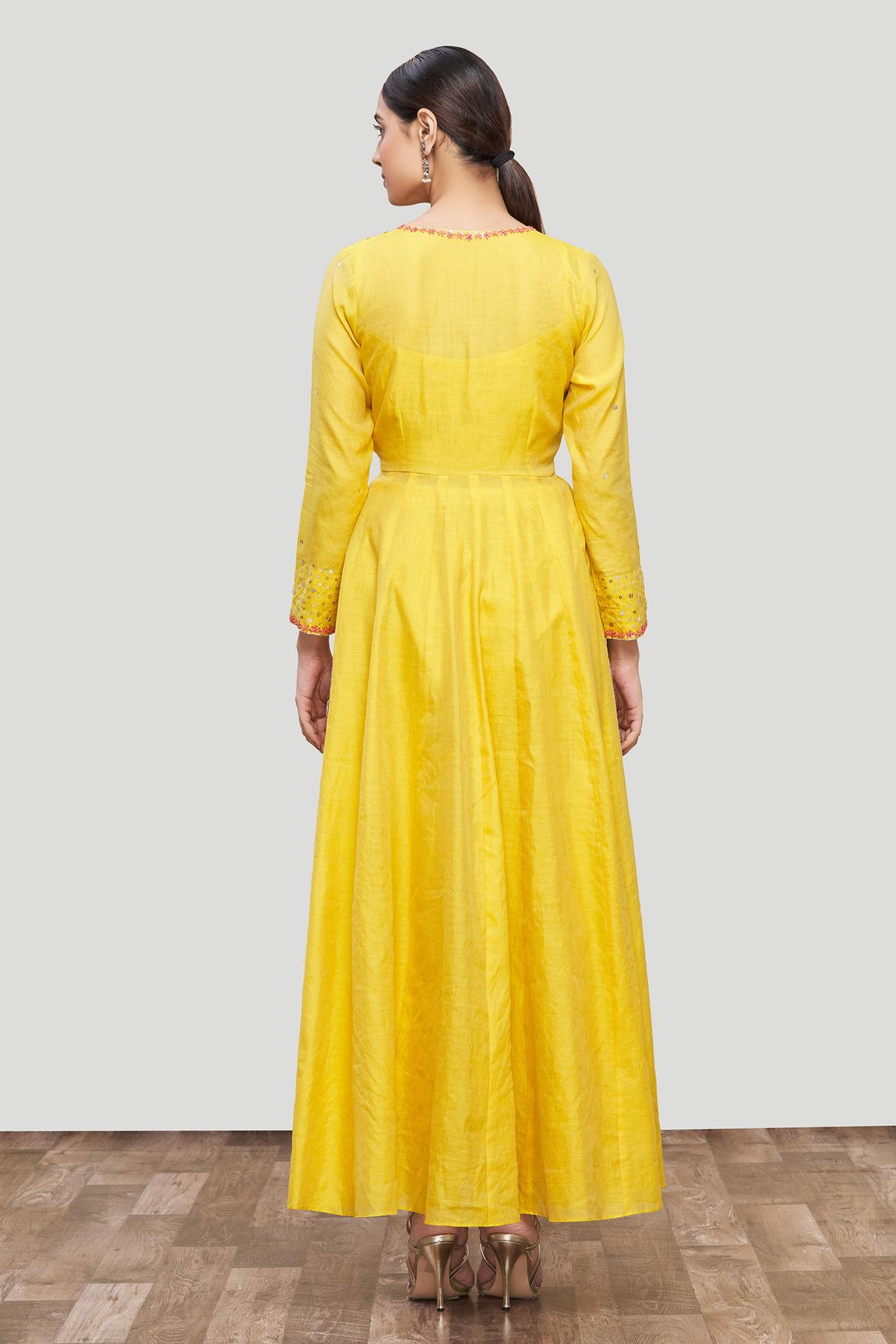 Yellow Chanderi Silk Embroidered Anarkali And Pant Set