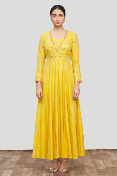 Yellow Chanderi Silk Embroidered Anarkali And Pant Set