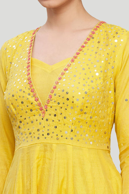 Yellow Chanderi Silk Embroidered Anarkali And Pant Set