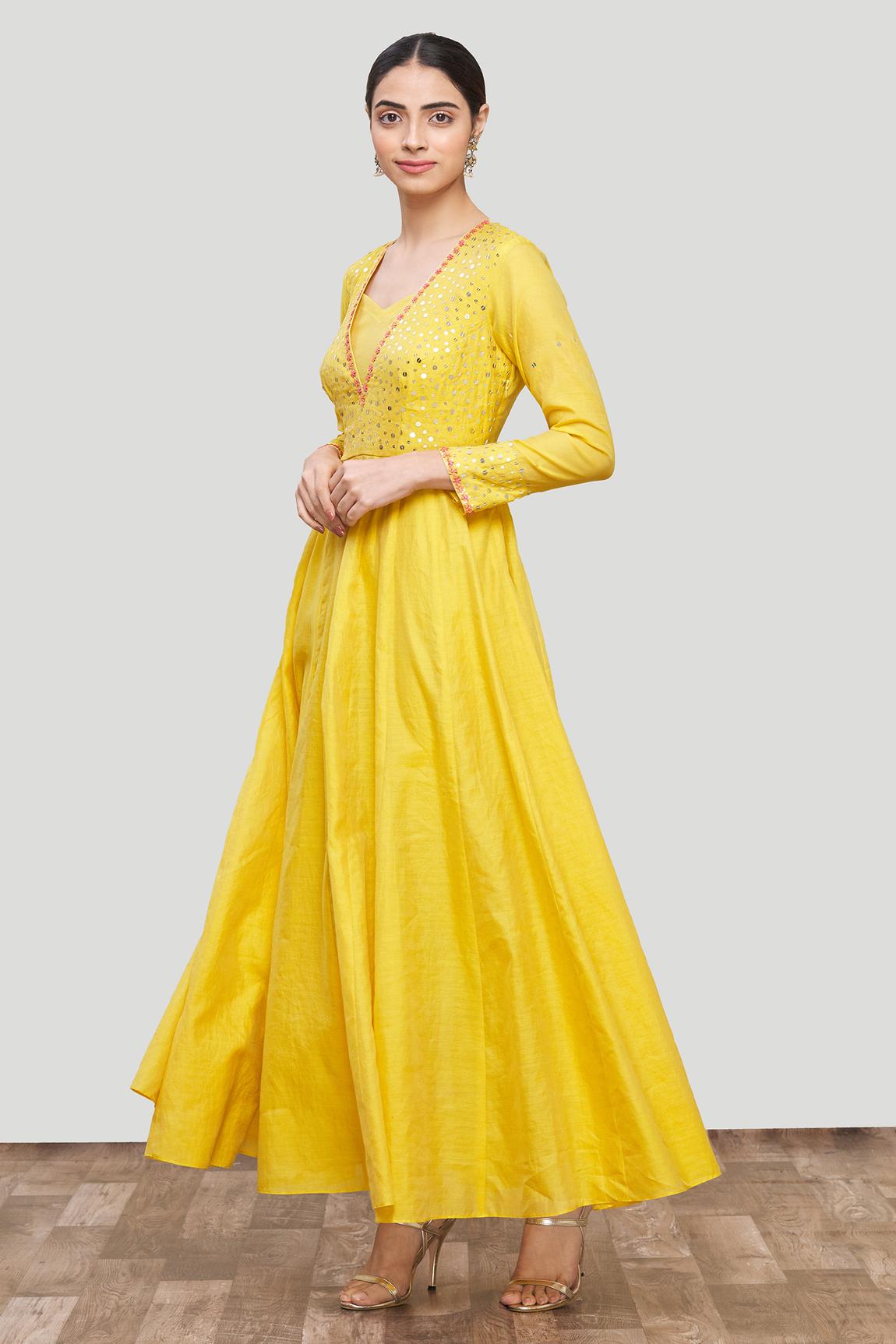 Yellow Chanderi Silk Embroidered Anarkali And Pant Set