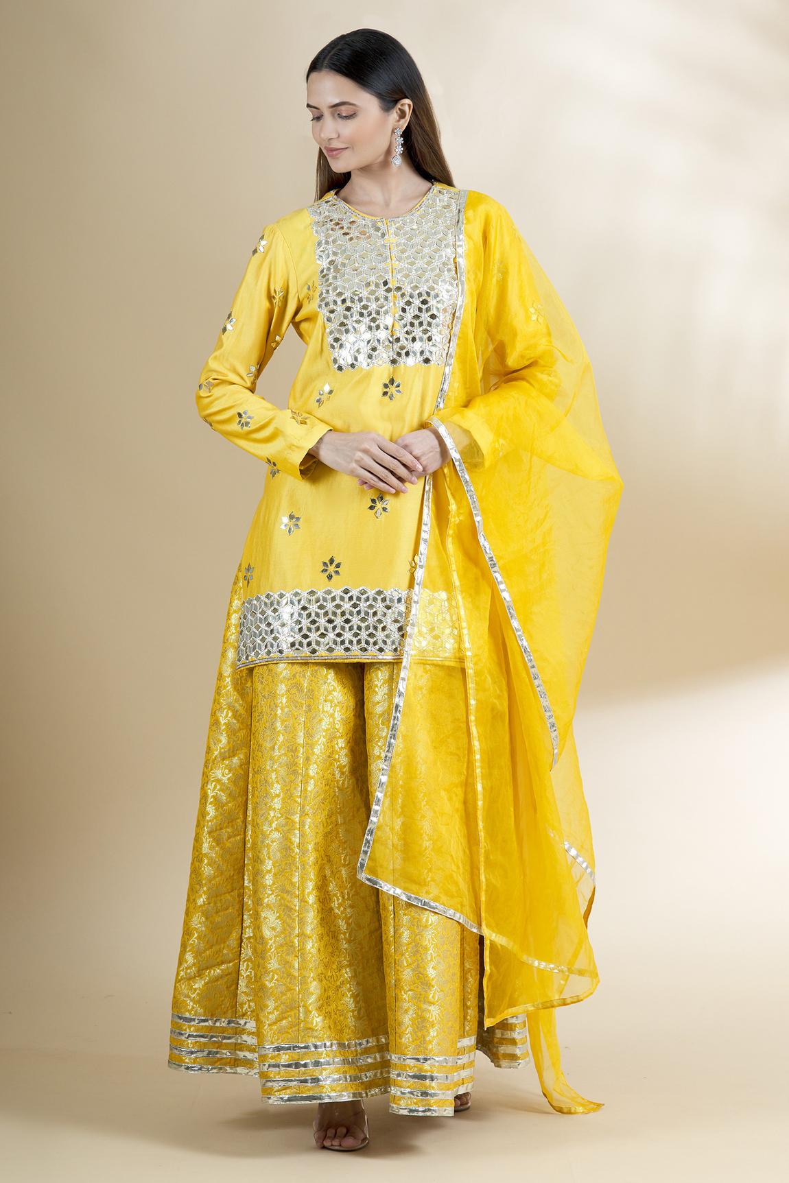 Yellow Chanderi Silk Kurta Gharara Set