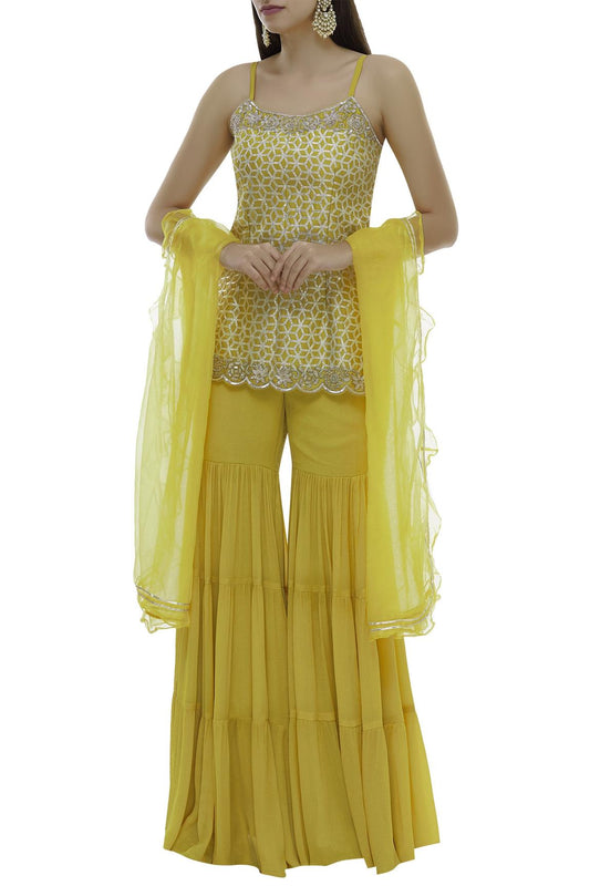 Yellow Chiffon Chanderi Silk Kurta Sharara Set