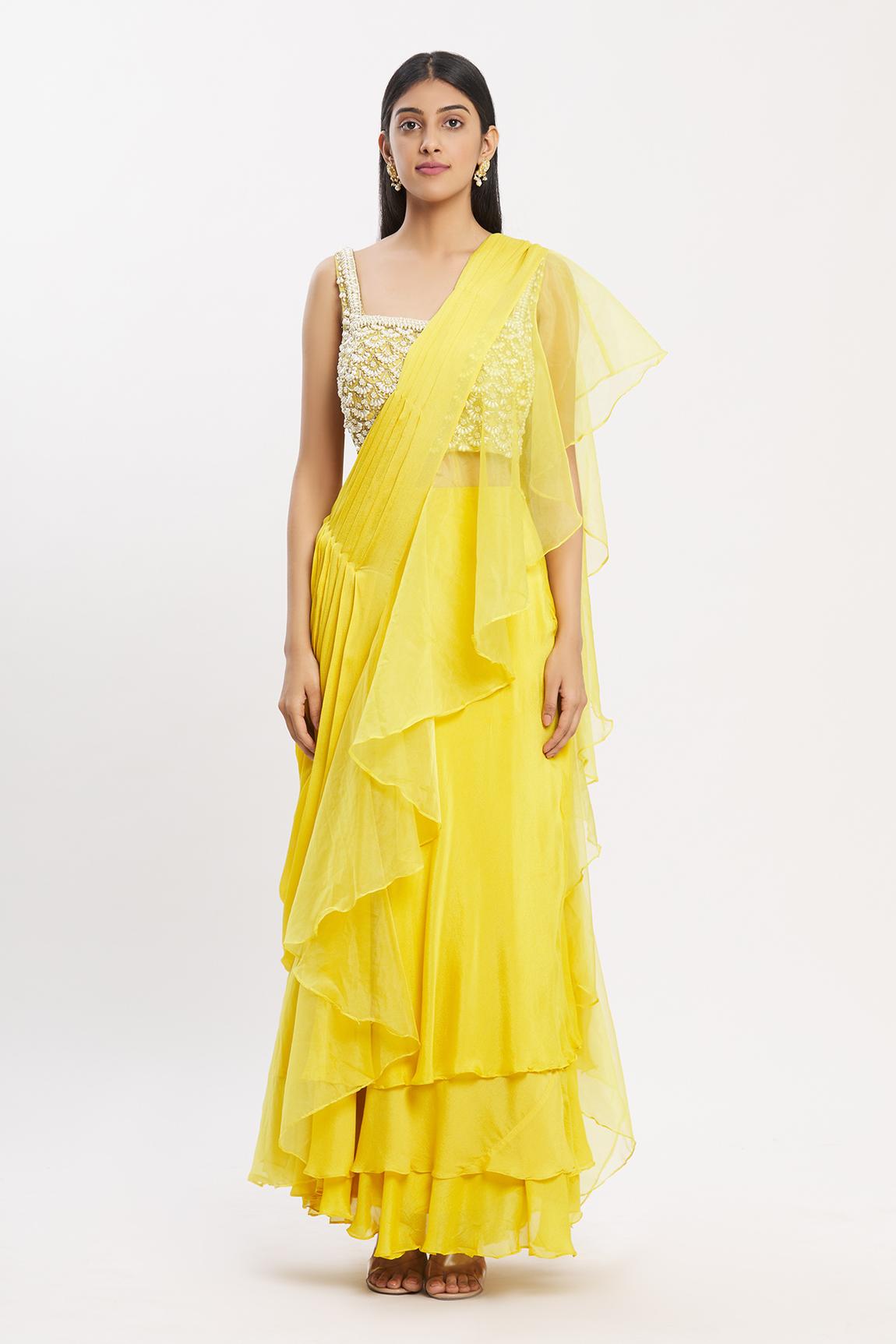 Yellow Chiffon Organza Ruffle Pre-draped Saree