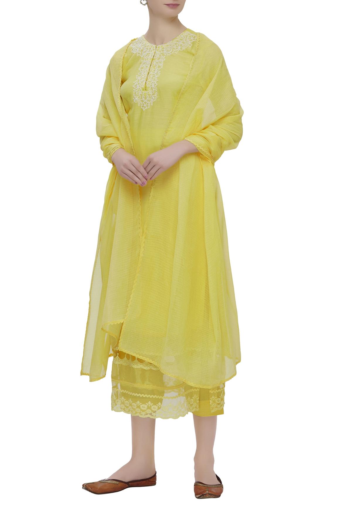 Yellow Cotton Silk Embroidered Kurta Set