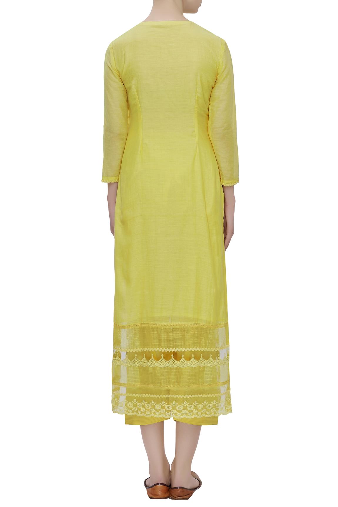 Yellow Cotton Silk Embroidered Kurta Set