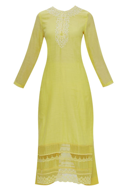 Yellow Cotton Silk Embroidered Kurta Set