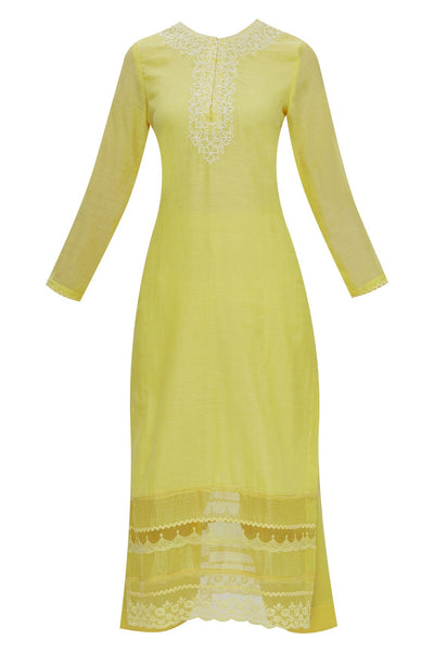 Yellow Cotton Silk Embroidered Kurta Set