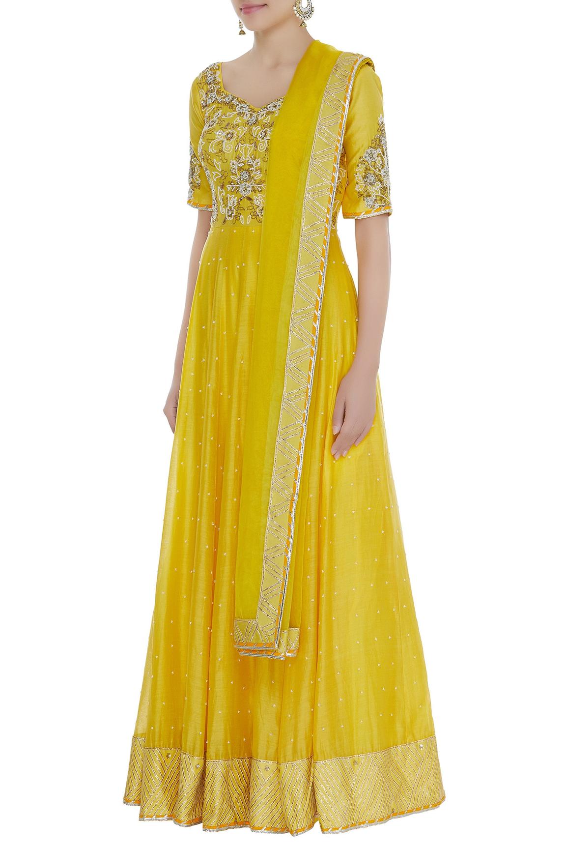 Yellow Embroidered Anarkali Kurta With Dupatta