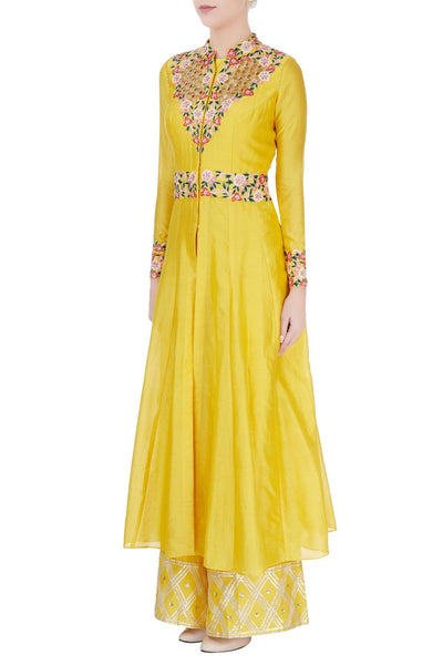 Yellow Embroidered Kurta Jacket And Pants