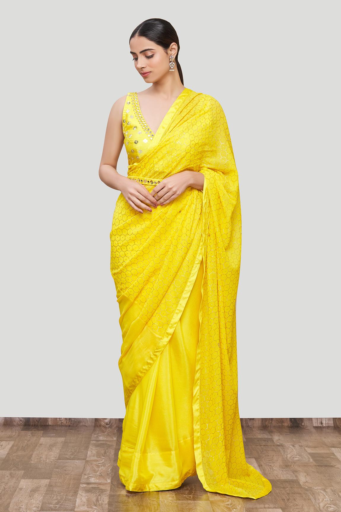 Yellow Georgette Embellished Saree With Blouse