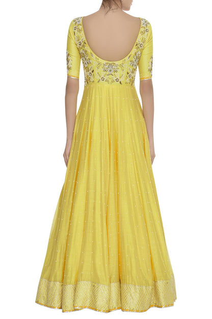 Yellow Pearl And Sequin Embrodiered Anarkali Kurta Set