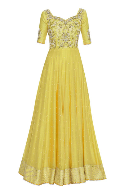 Yellow Pearl And Sequin Embrodiered Anarkali Kurta Set