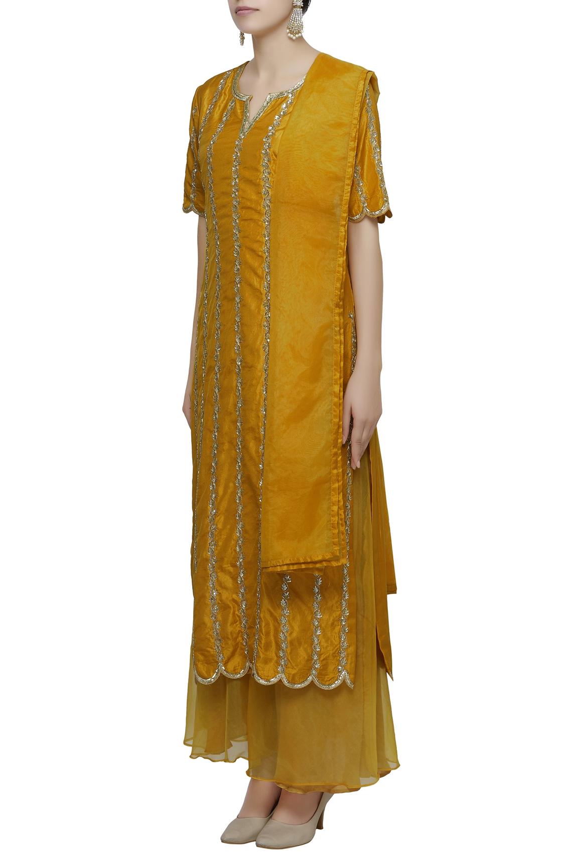 Yellow Raw Silk Embroidered Kurta Palazzo Set