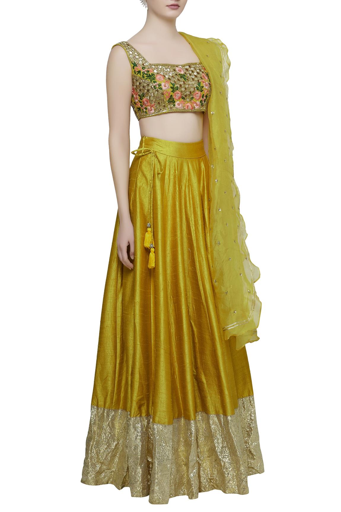 Yellow Raw Silk Embroidered Lehenga Set