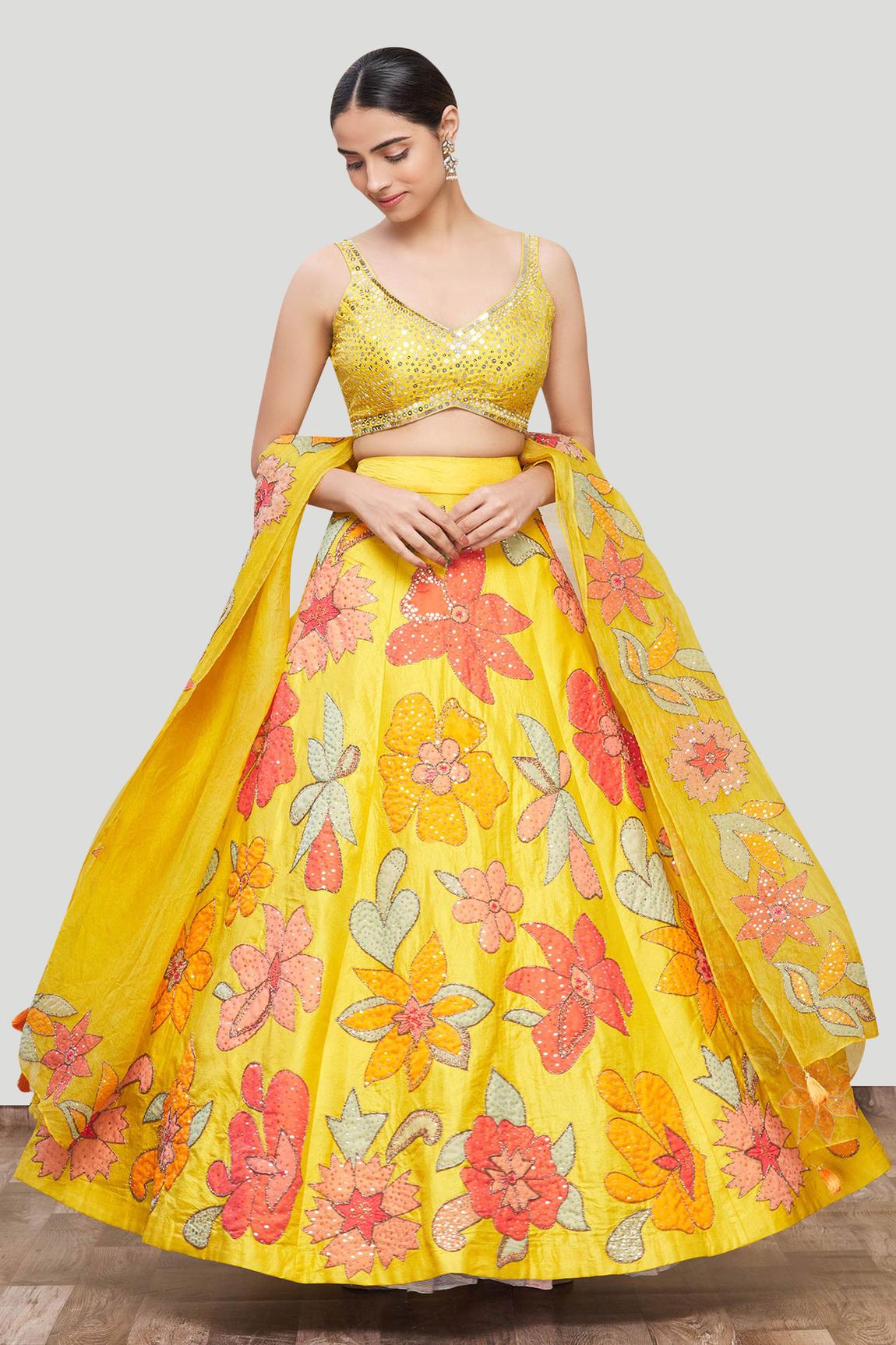 Yellow Silk Appliqué Lehenga Set