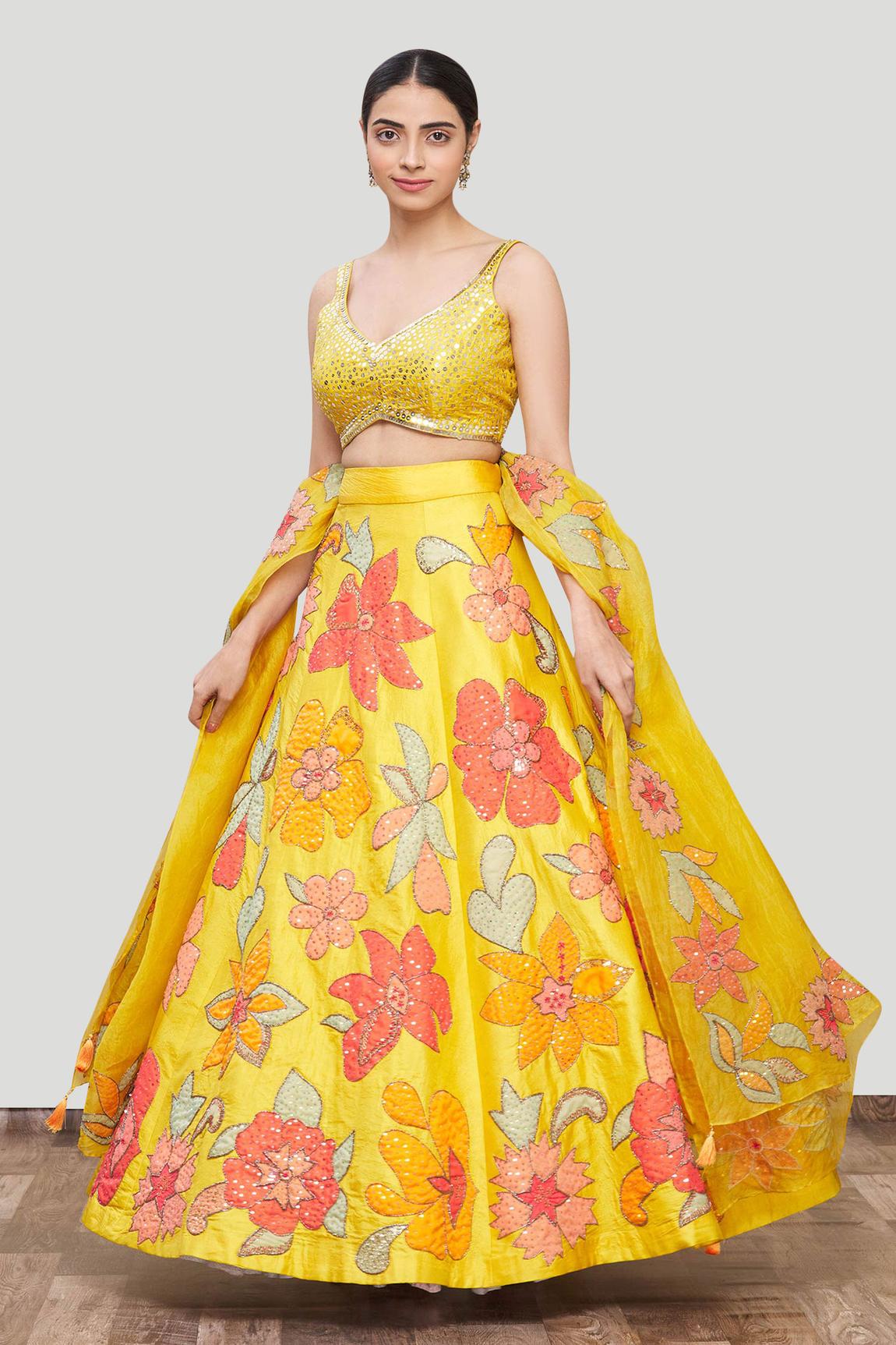 Yellow Silk Appliqué Lehenga Set