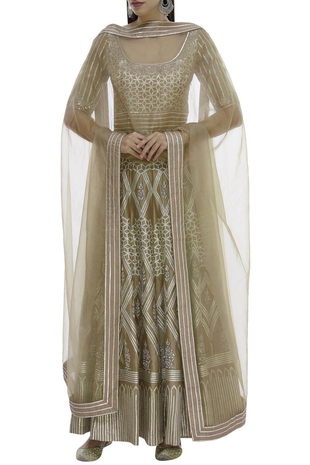 Beige Chanderi Embellished Anarkali With Dupatta