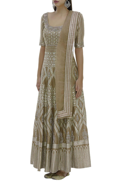 Beige Chanderi Embellished Anarkali With Dupatta