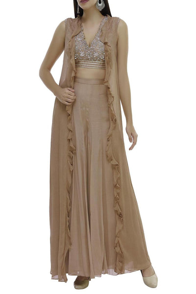 Beige Chiffon Chanderi Silk Crop Top Pant Set