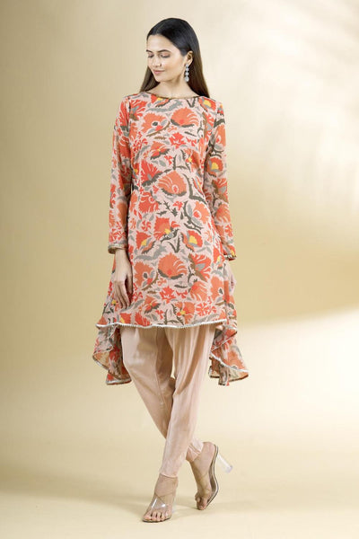 Beige Chiffon Crepe Printed Kurta And Dhoti Pant Set