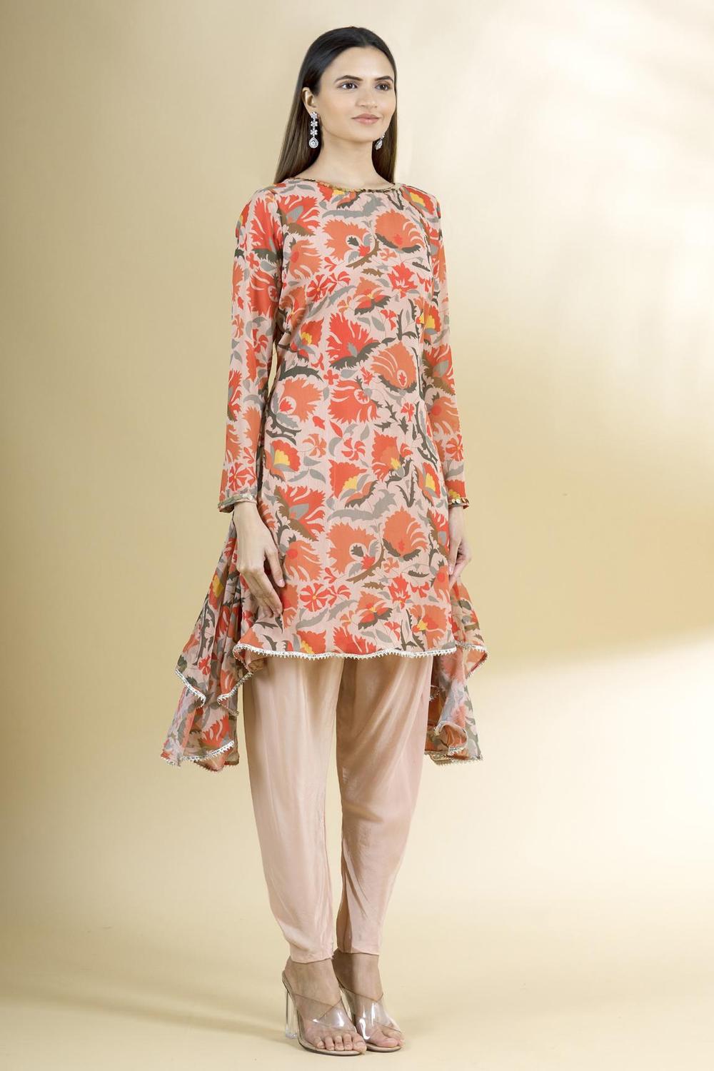 Beige Chiffon Crepe Printed Kurta And Dhoti Pant Set