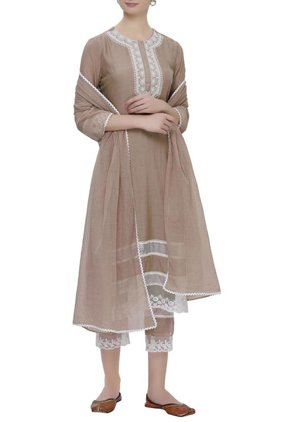 Beige Cotton Silk Embroidered Kurta Set