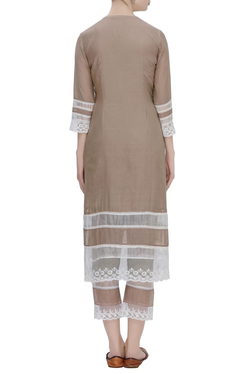 Beige Cotton Silk Embroidered Kurta Set