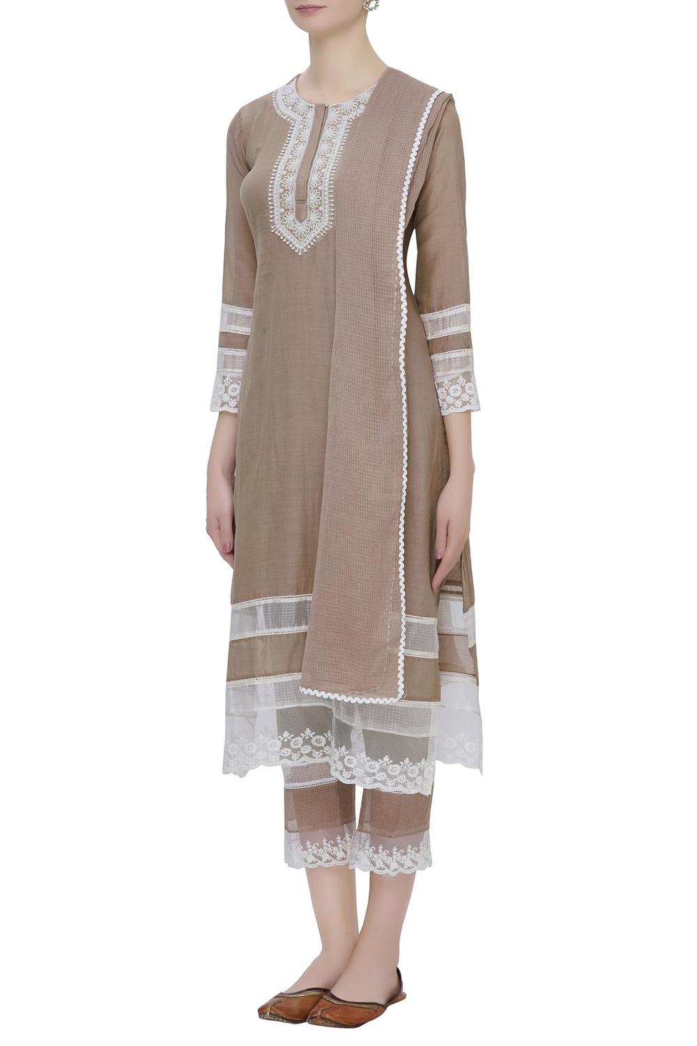 Beige Cotton Silk Embroidered Kurta Set