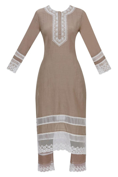 Beige Cotton Silk Embroidered Kurta Set