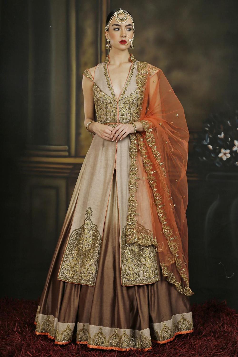 Beige Orange And Brown Embroidered Jacket Lehenga