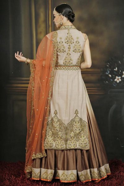 Beige Orange And Brown Embroidered Jacket Lehenga