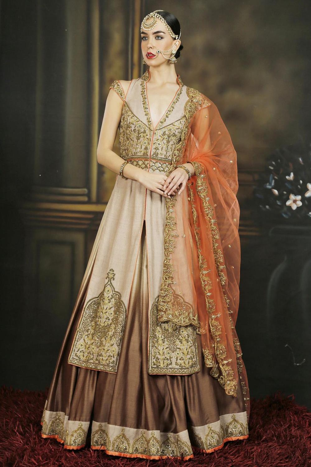 Beige Orange And Brown Embroidered Jacket Lehenga