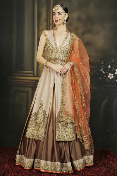 Beige Orange And Brown Embroidered Jacket Lehenga