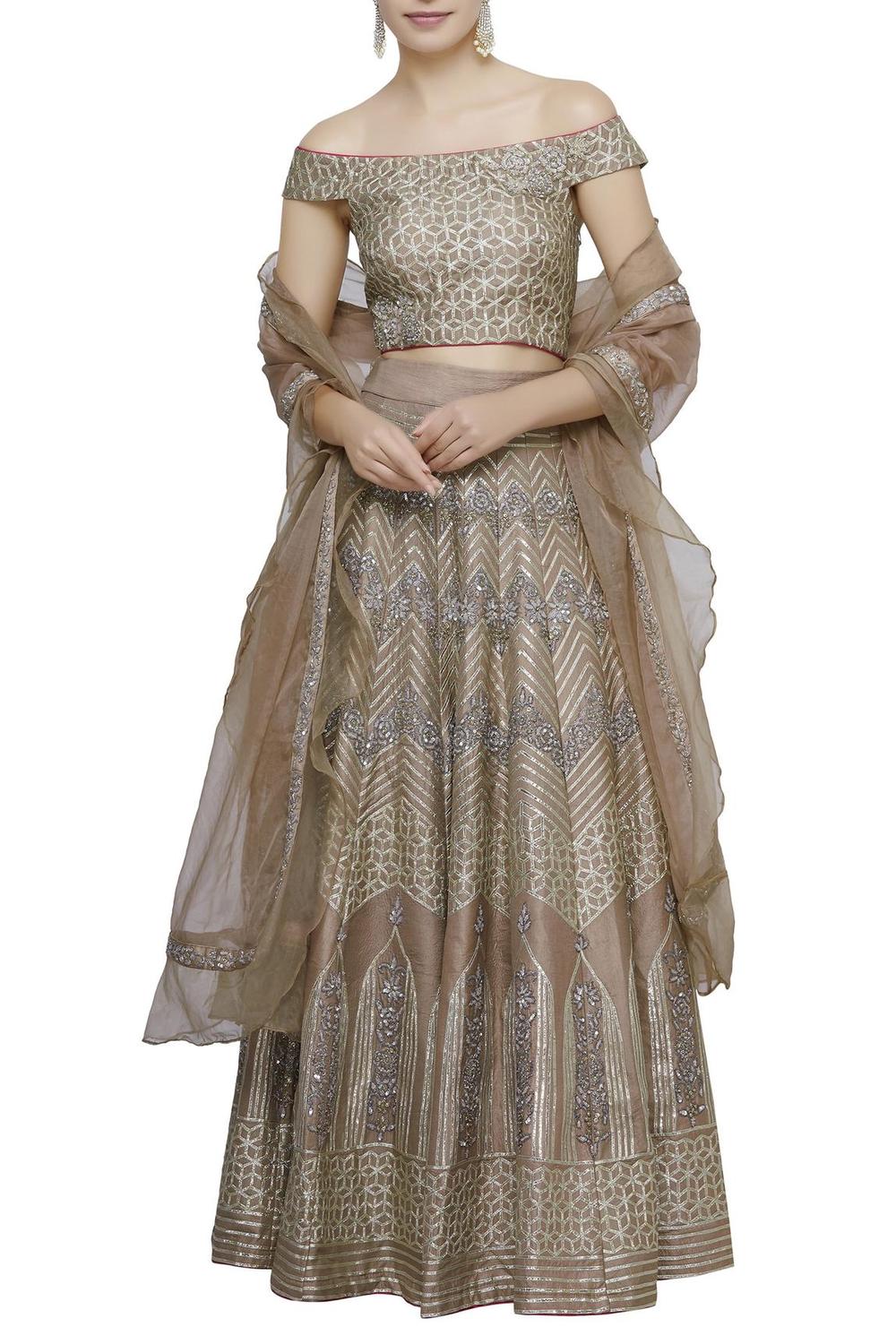 Beige Silk Embroidered Lehenga Set