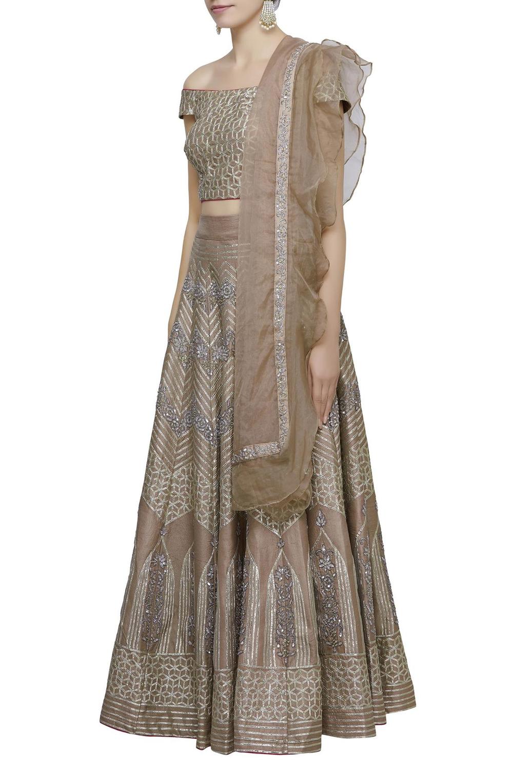 Beige Silk Embroidered Lehenga Set