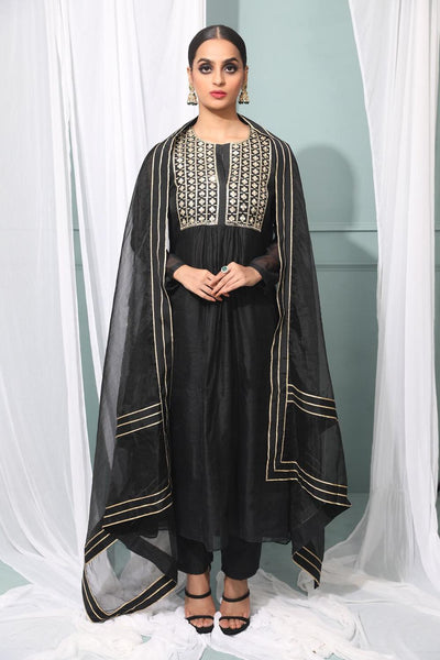 Black Chanderi Silk Anarkali Set