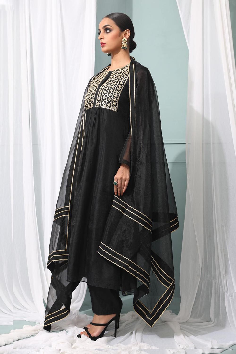 Black Chanderi Silk Anarkali Set